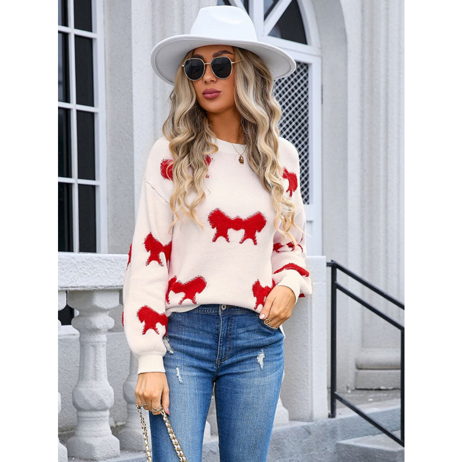 Bow Round Neck Dropped Shoulder Sweater Apparel and Accessories