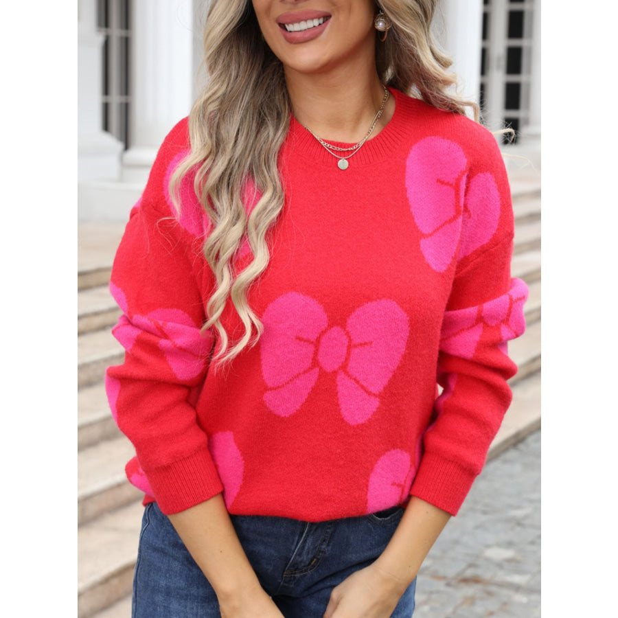 Bow Round Neck Dropped Shoulder Sweater Apparel and Accessories