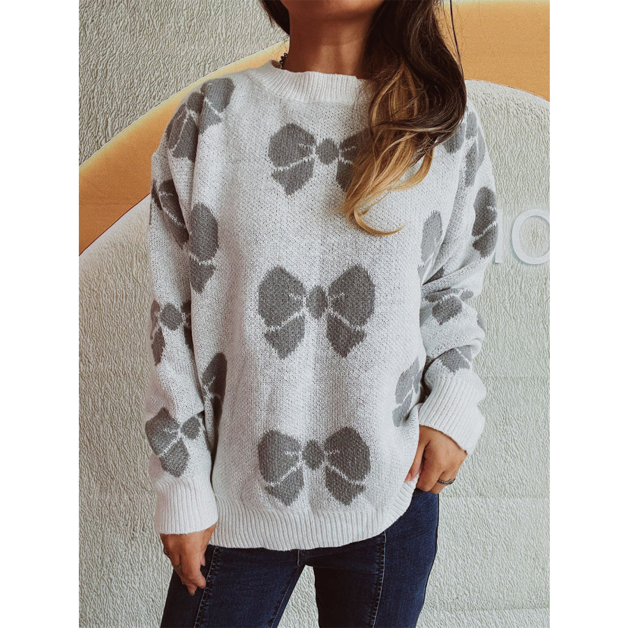 Bow Round Neck Dropped Shoulder Sweater Apparel and Accessories