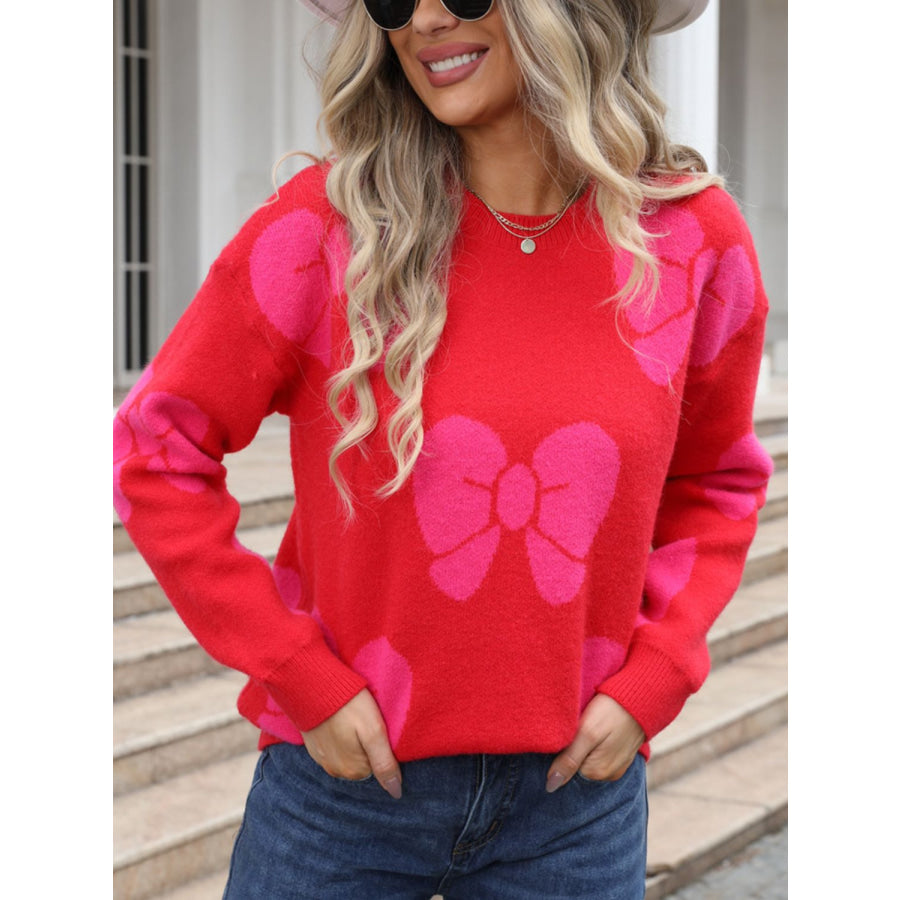 Bow Round Neck Dropped Shoulder Sweater Apparel and Accessories