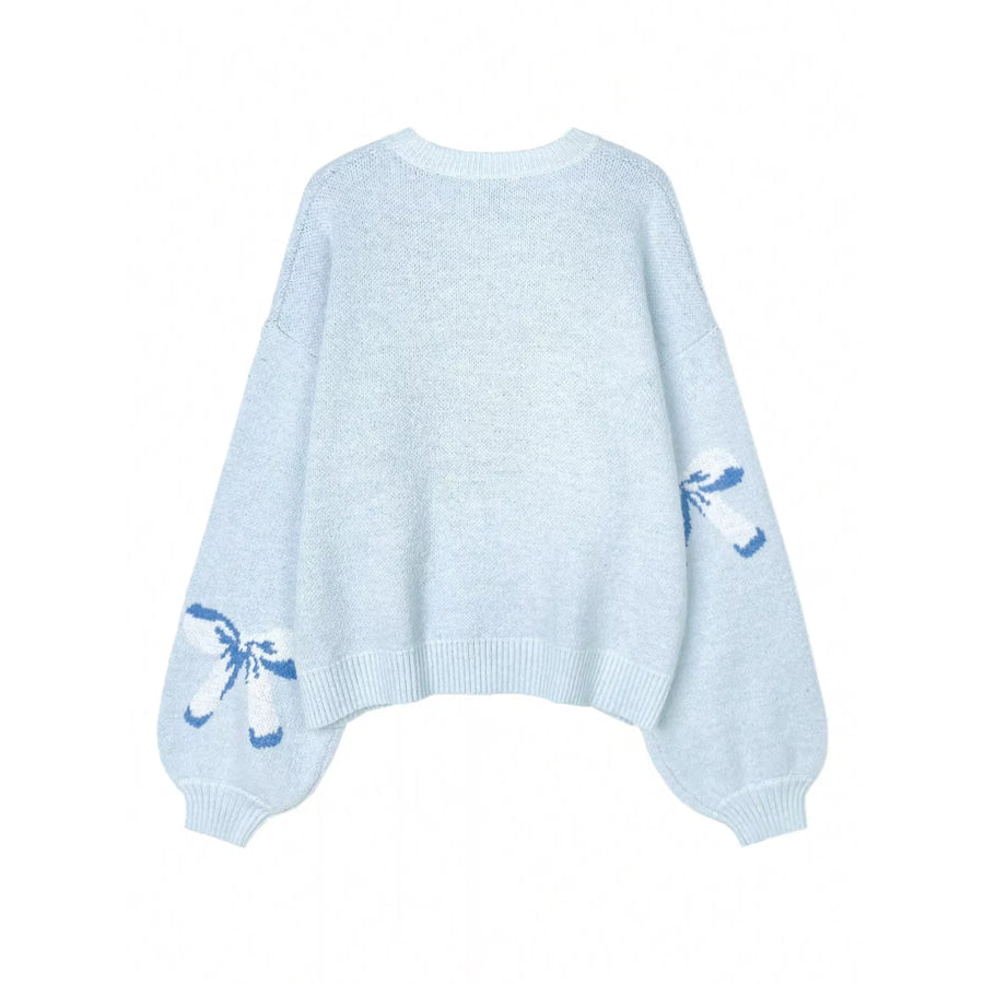 Bow Round Neck Dropped Shoulder Sweater Apparel and Accessories