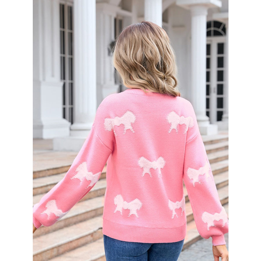 Bow Round Neck Dropped Shoulder Sweater Dusty Pink / S Apparel and Accessories