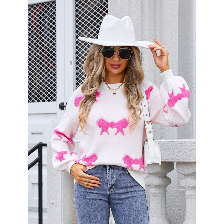 Bow Round Neck Dropped Shoulder Sweater Apparel and Accessories