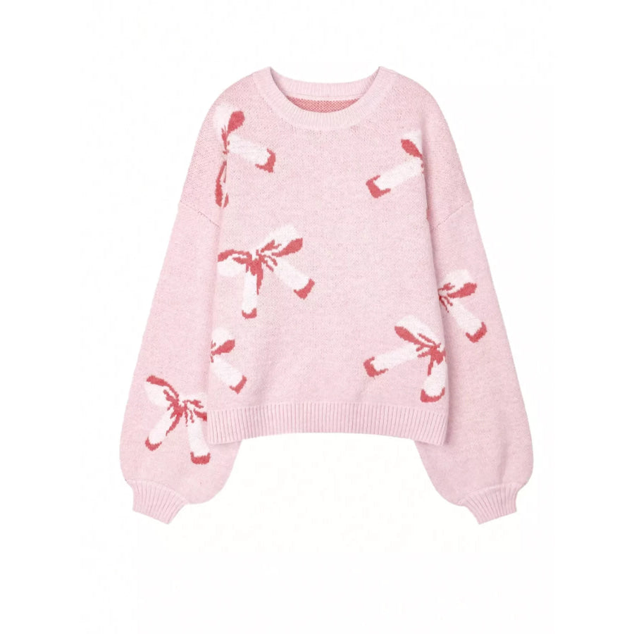 Bow Round Neck Dropped Shoulder Sweater Apparel and Accessories