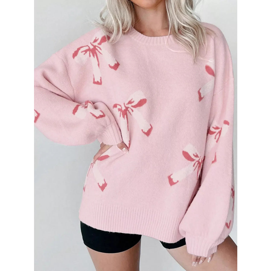 Bow Round Neck Dropped Shoulder Sweater Apparel and Accessories