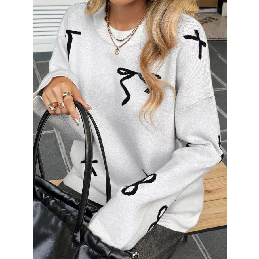 Bow Round Neck Dropped Shoulder Sweater Apparel and Accessories