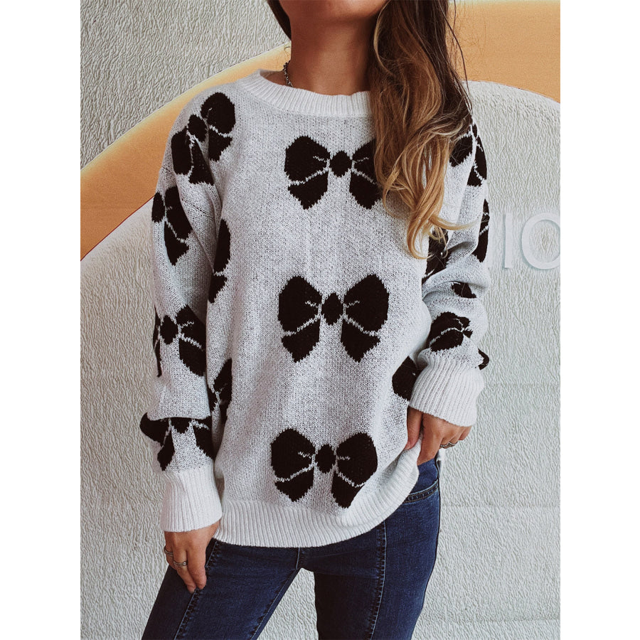 Bow Round Neck Dropped Shoulder Sweater Apparel and Accessories