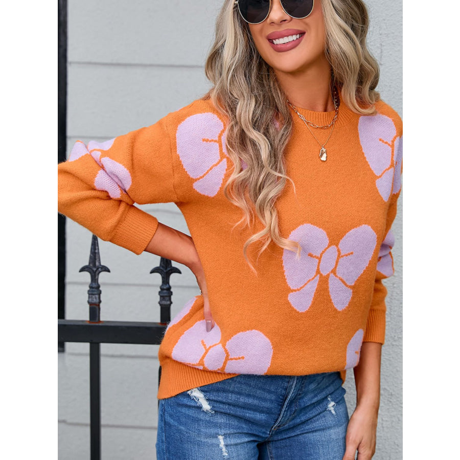 Bow Round Neck Dropped Shoulder Sweater Apparel and Accessories