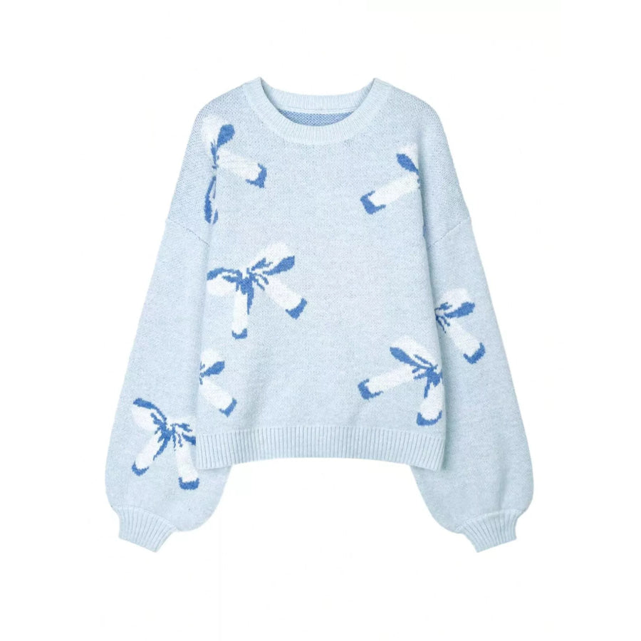 Bow Round Neck Dropped Shoulder Sweater Apparel and Accessories