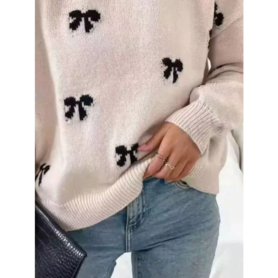Bow Round Neck Dropped Shoulder Sweater Apparel and Accessories
