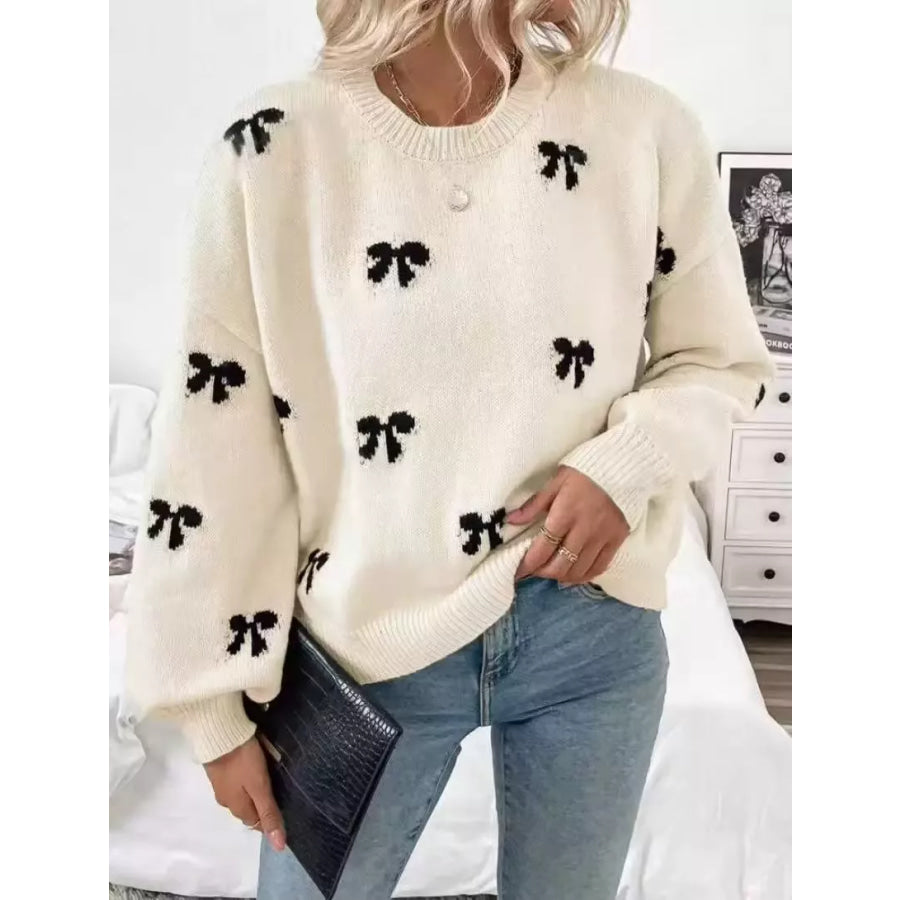 Bow Round Neck Dropped Shoulder Sweater Apricot / S Apparel and Accessories