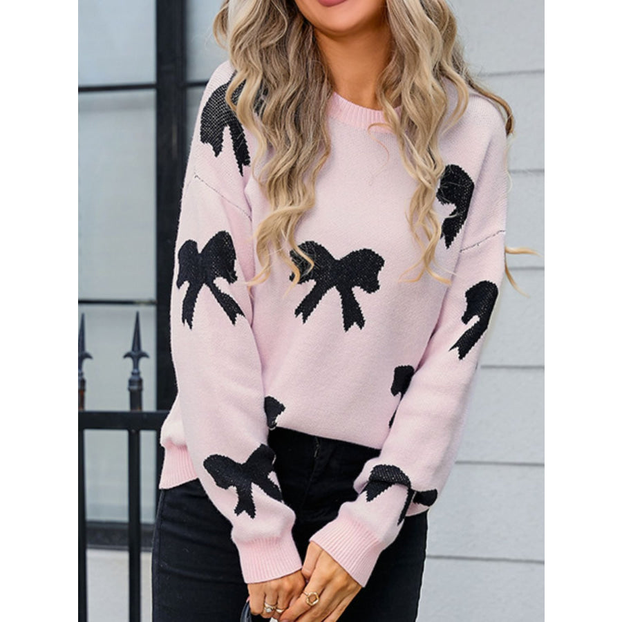 Bow Round Neck Dropped Shoulder Sweater Blush Pink / S Apparel and Accessories