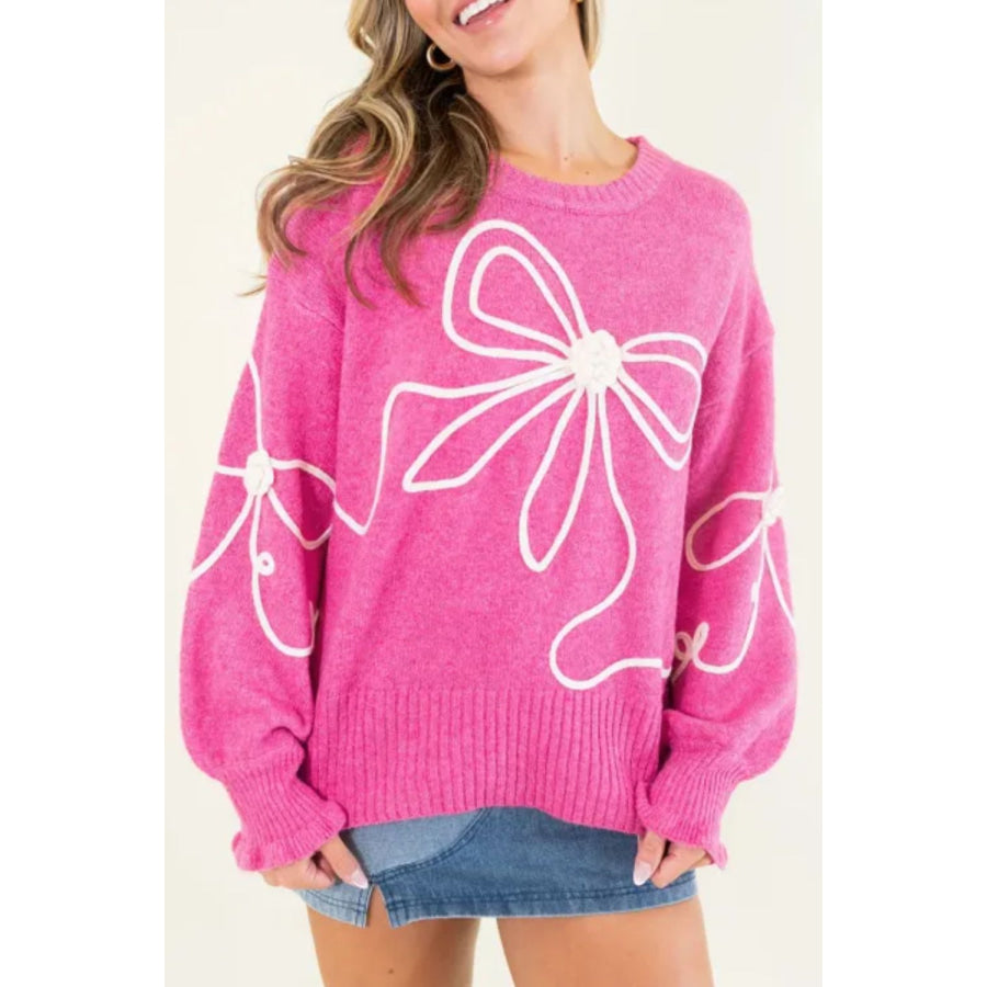 Bow Round Neck Dropped Shoulder Sweater Fuchsia Pink / S Apparel and Accessories