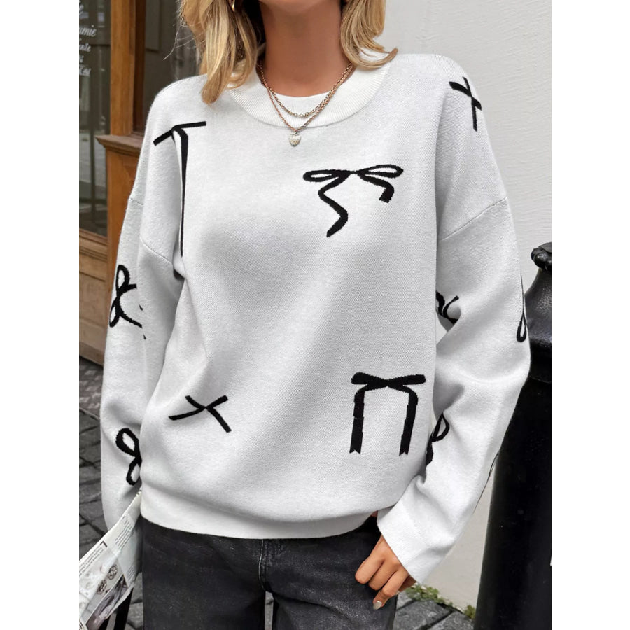 Bow Round Neck Dropped Shoulder Sweater Gray/white / S Apparel and Accessories