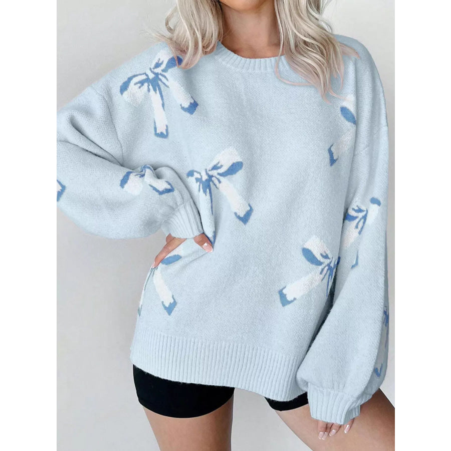 Bow Round Neck Dropped Shoulder Sweater Light Blue / S Apparel and Accessories
