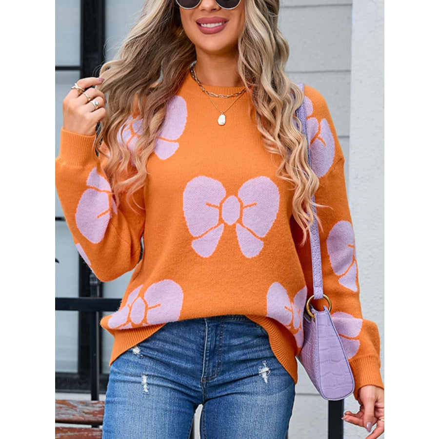 Bow Round Neck Dropped Shoulder Sweater Orange / S Apparel and Accessories