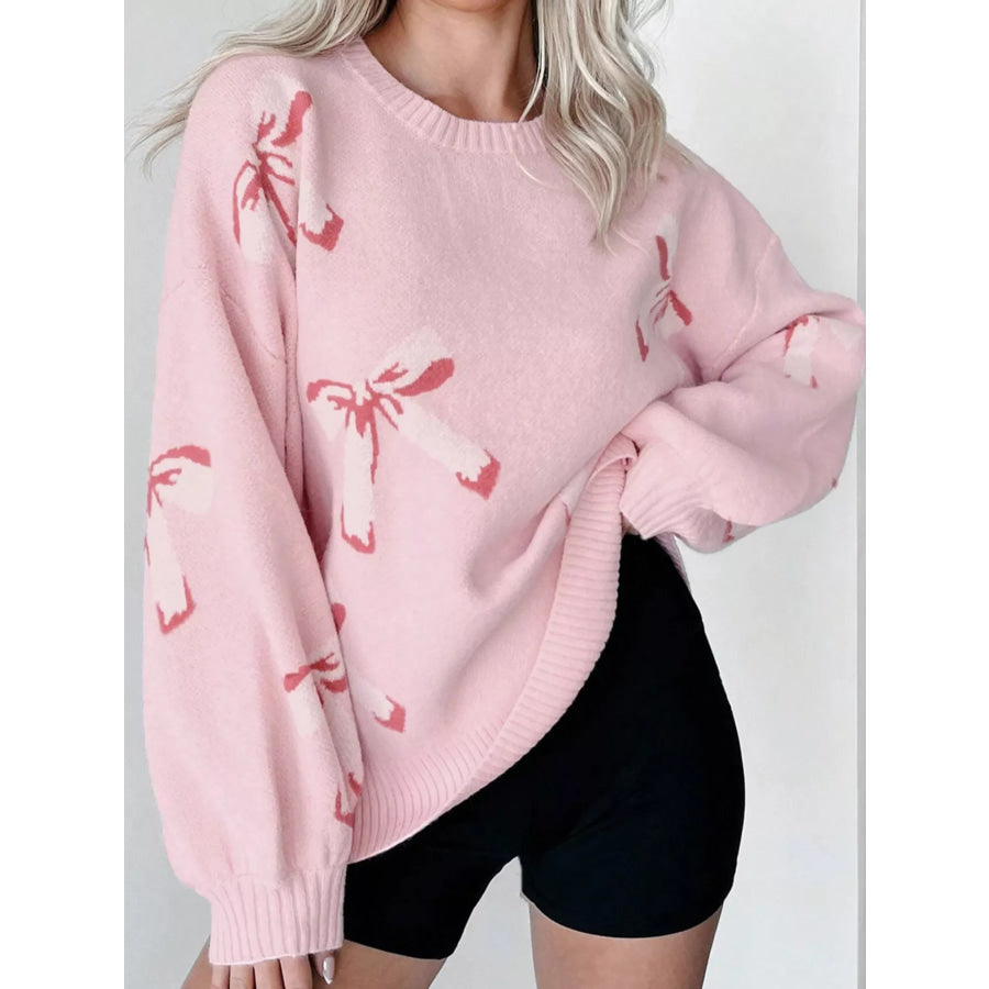 Bow Round Neck Dropped Shoulder Sweater Pink / S Apparel and Accessories