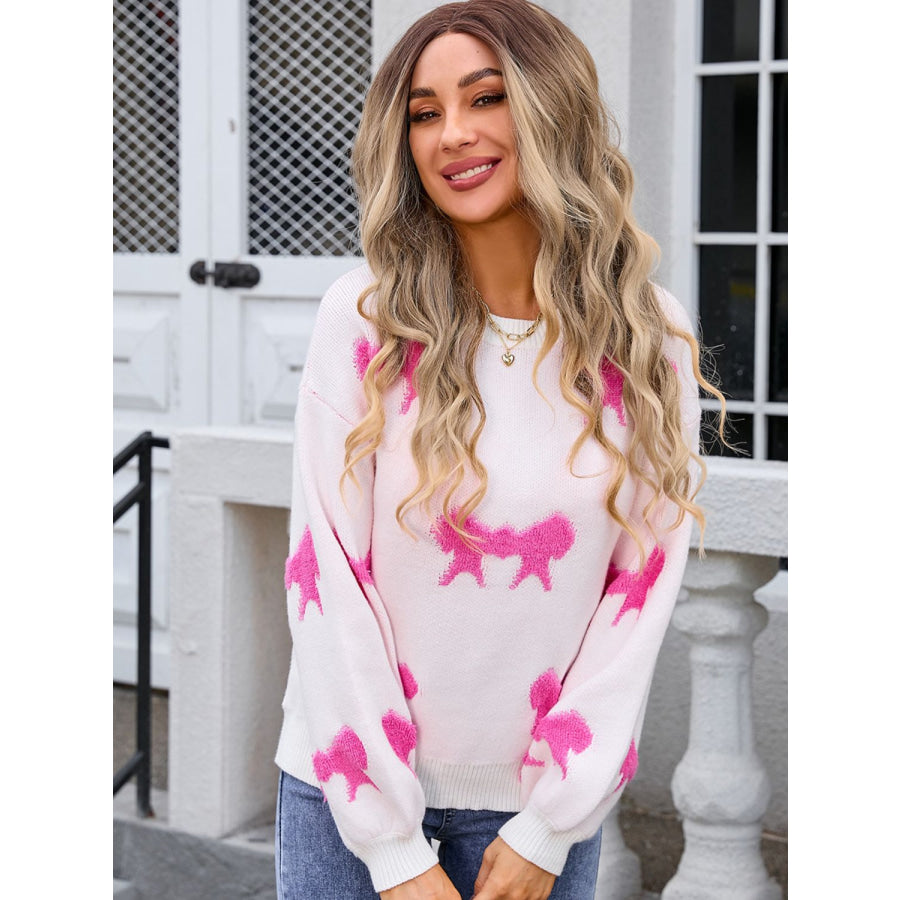 Bow Round Neck Dropped Shoulder Sweater Pink / S Apparel and Accessories