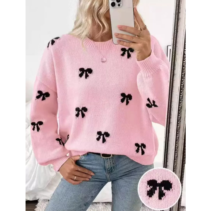 Bow Round Neck Dropped Shoulder Sweater Pink / S Apparel and Accessories