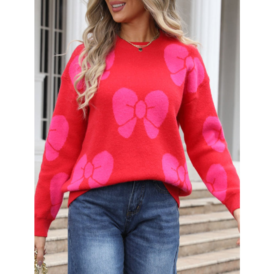 Bow Round Neck Dropped Shoulder Sweater Red / S Apparel and Accessories