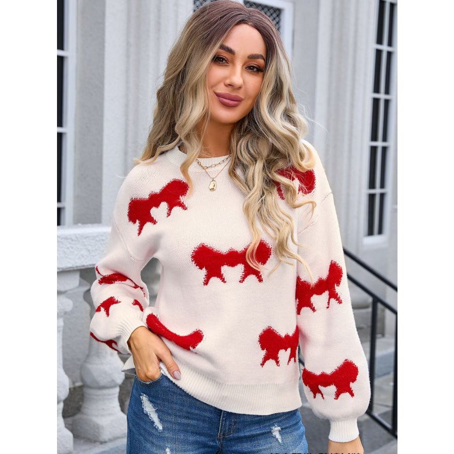 Bow Round Neck Dropped Shoulder Sweater Scarlet / S Apparel and Accessories