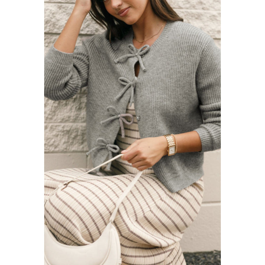 Bow Round Neck Long Sleeve Cardigan Gray / S Apparel and Accessories