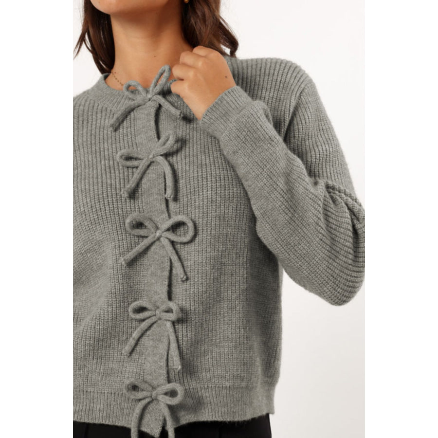 Bow Round Neck Long Sleeve Cardigan Apparel and Accessories