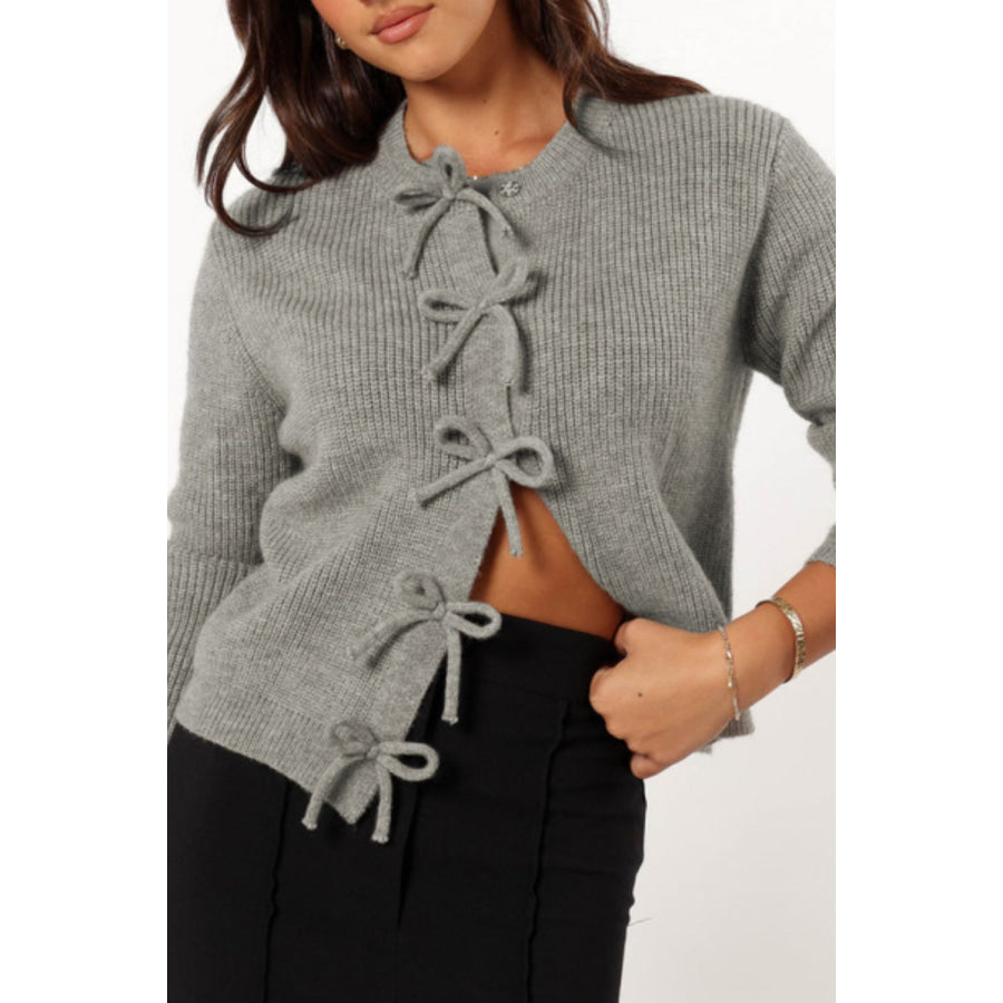 Bow Round Neck Long Sleeve Cardigan Gray / S Apparel and Accessories