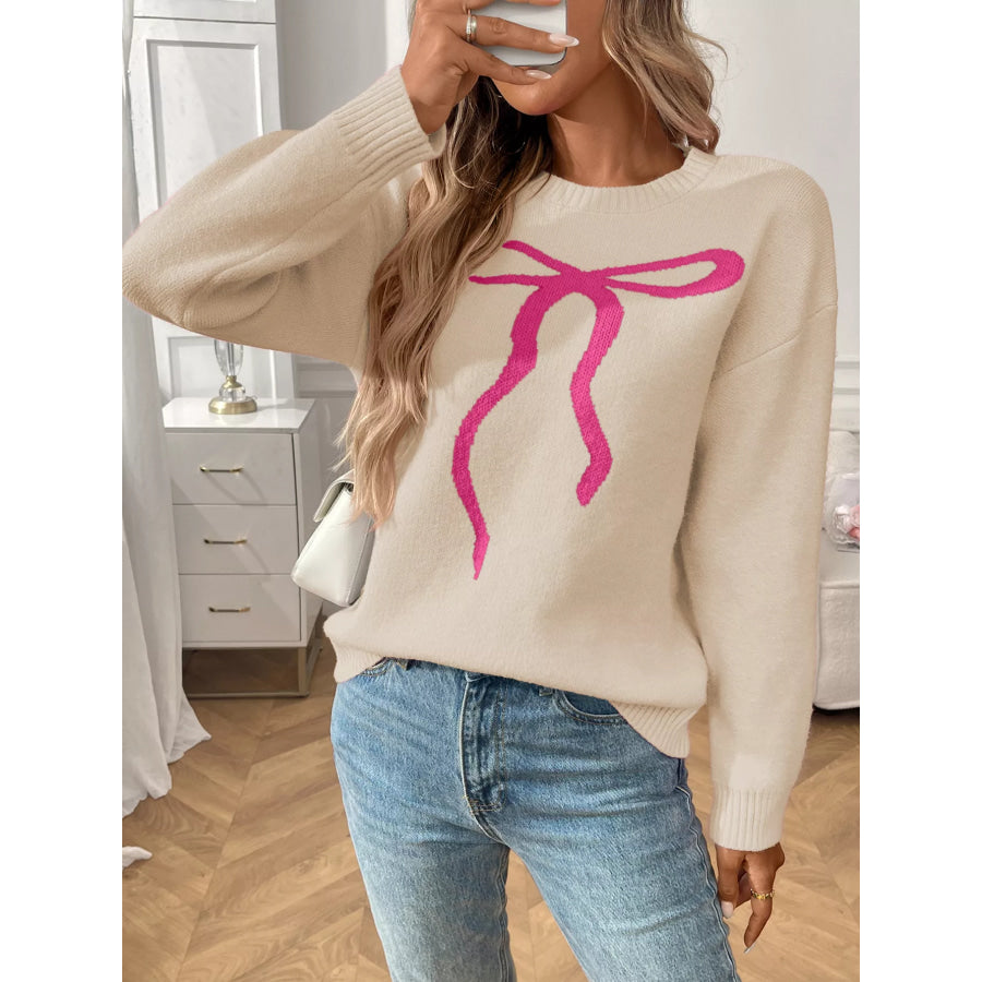 Bow Round Neck Long Sleeve Sweater Apparel and Accessories