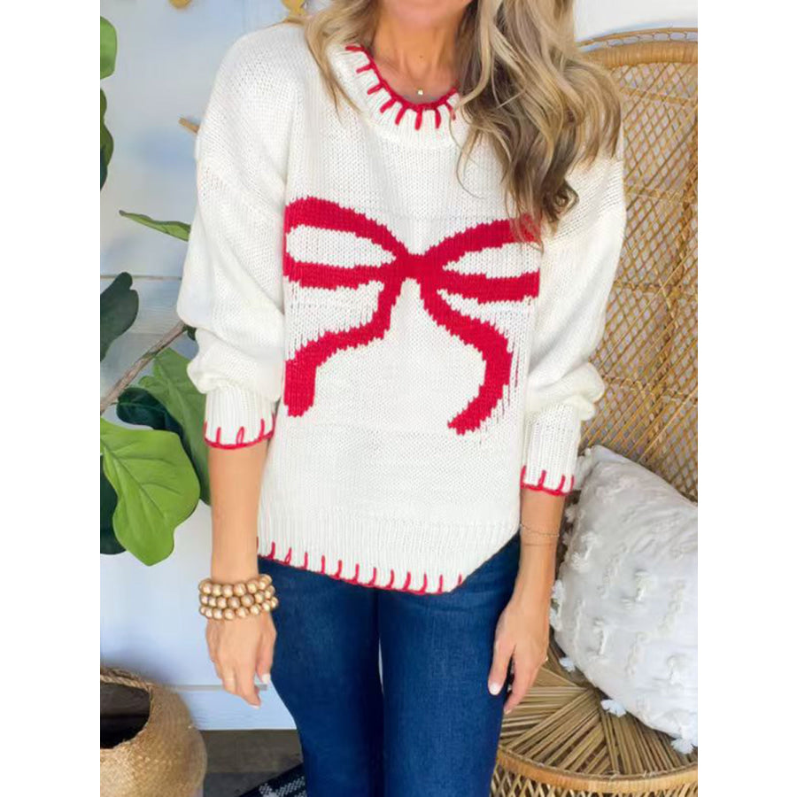 Bow Round Neck Long Sleeve Sweater Apparel and Accessories