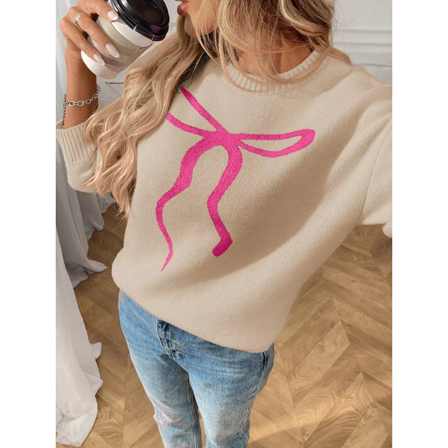 Bow Round Neck Long Sleeve Sweater Apparel and Accessories