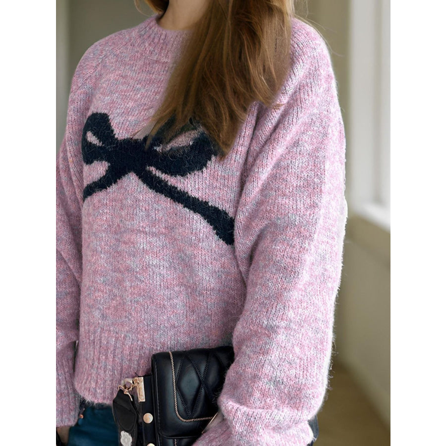 Bow Round Neck Long Sleeve Sweater Apparel and Accessories