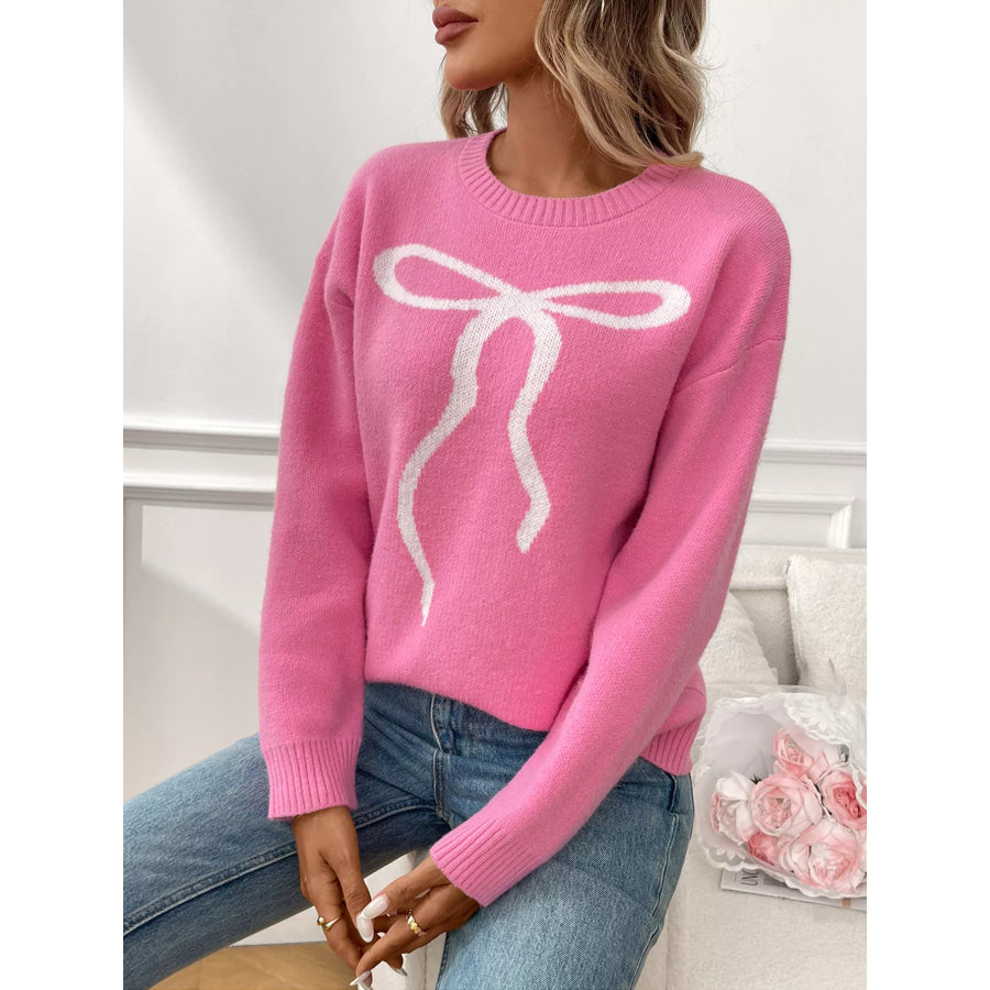 Bow Round Neck Long Sleeve Sweater Apparel and Accessories