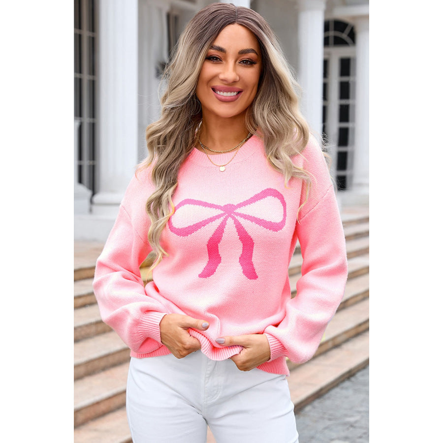 Bow Round Neck Long Sleeve Sweater Apparel and Accessories