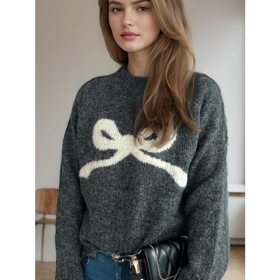 Bow Round Neck Long Sleeve Sweater Apparel and Accessories