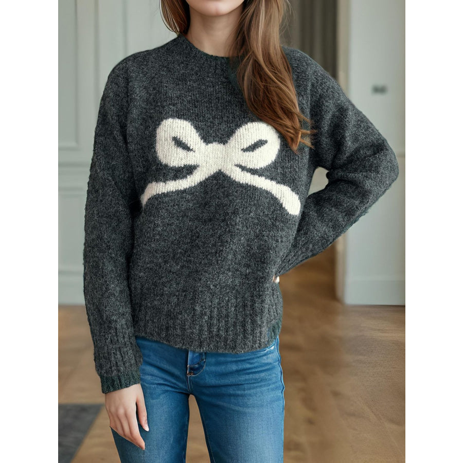 Bow Round Neck Long Sleeve Sweater Apparel and Accessories