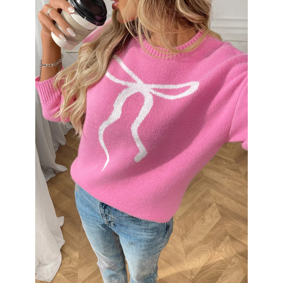 Bow Round Neck Long Sleeve Sweater Apparel and Accessories