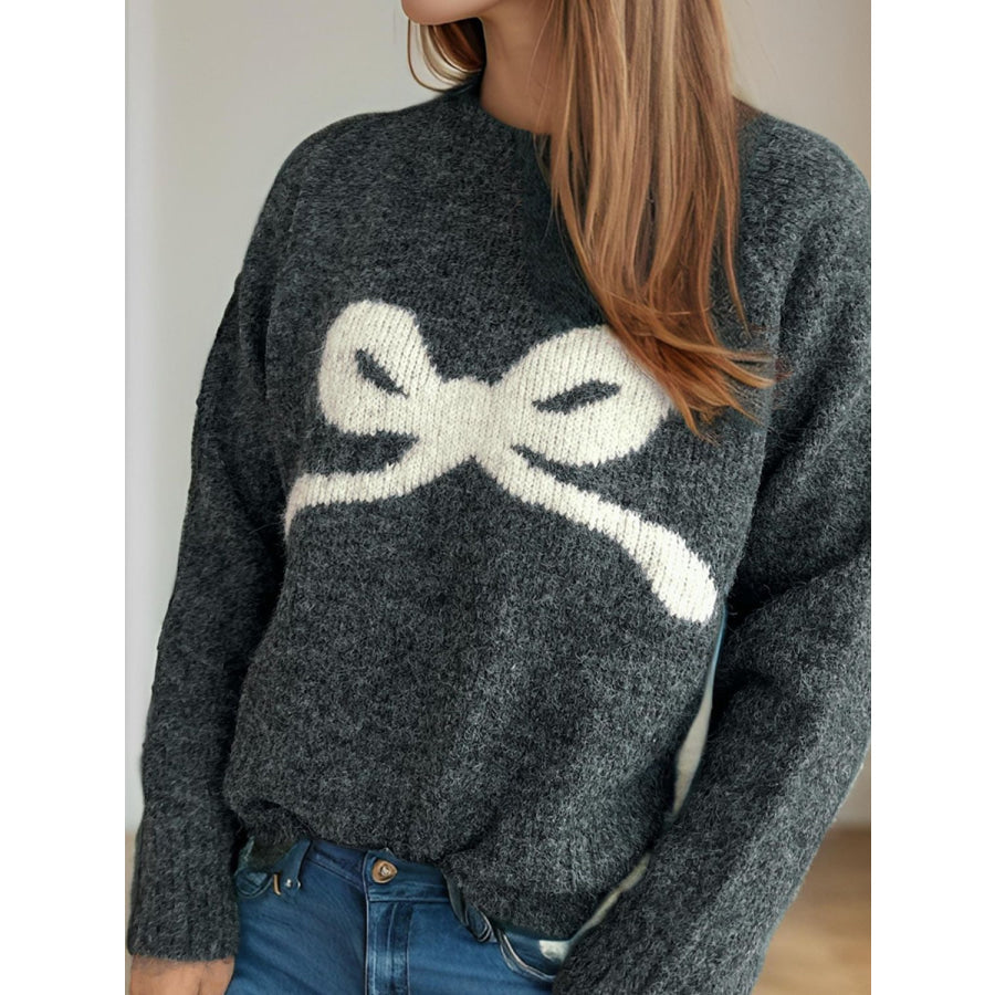 Bow Round Neck Long Sleeve Sweater Apparel and Accessories