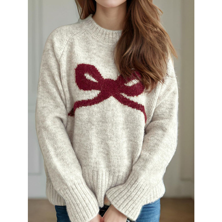 Bow Round Neck Long Sleeve Sweater Apparel and Accessories