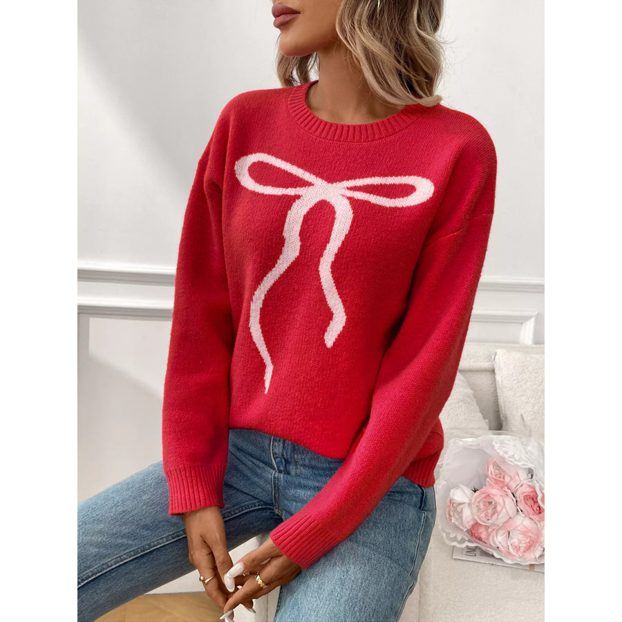 Bow Round Neck Long Sleeve Sweater Apparel and Accessories