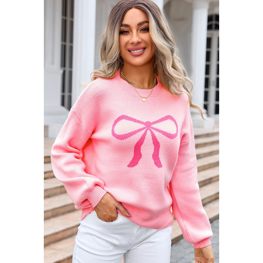 Bow Round Neck Long Sleeve Sweater Apparel and Accessories