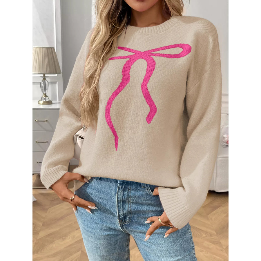 Bow Round Neck Long Sleeve Sweater Apparel and Accessories