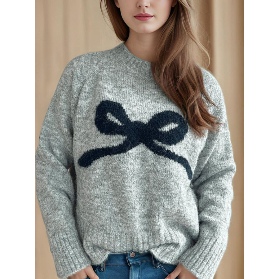 Bow Round Neck Long Sleeve Sweater Apparel and Accessories