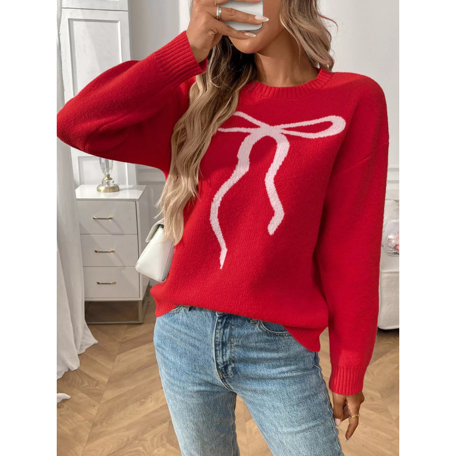Bow Round Neck Long Sleeve Sweater Apparel and Accessories