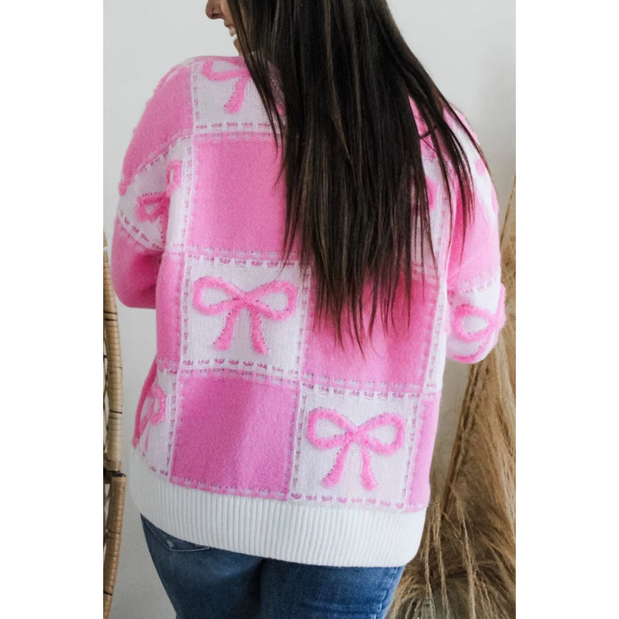 Bow Round Neck Long Sleeve Sweater Apparel and Accessories