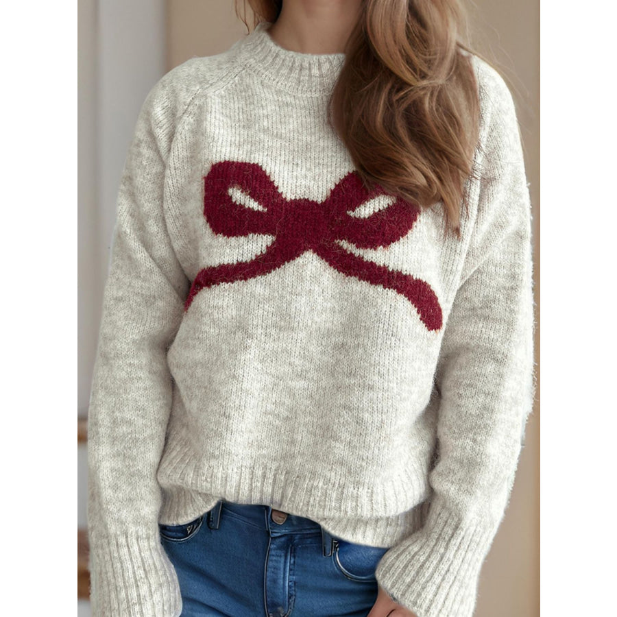 Bow Round Neck Long Sleeve Sweater Apparel and Accessories