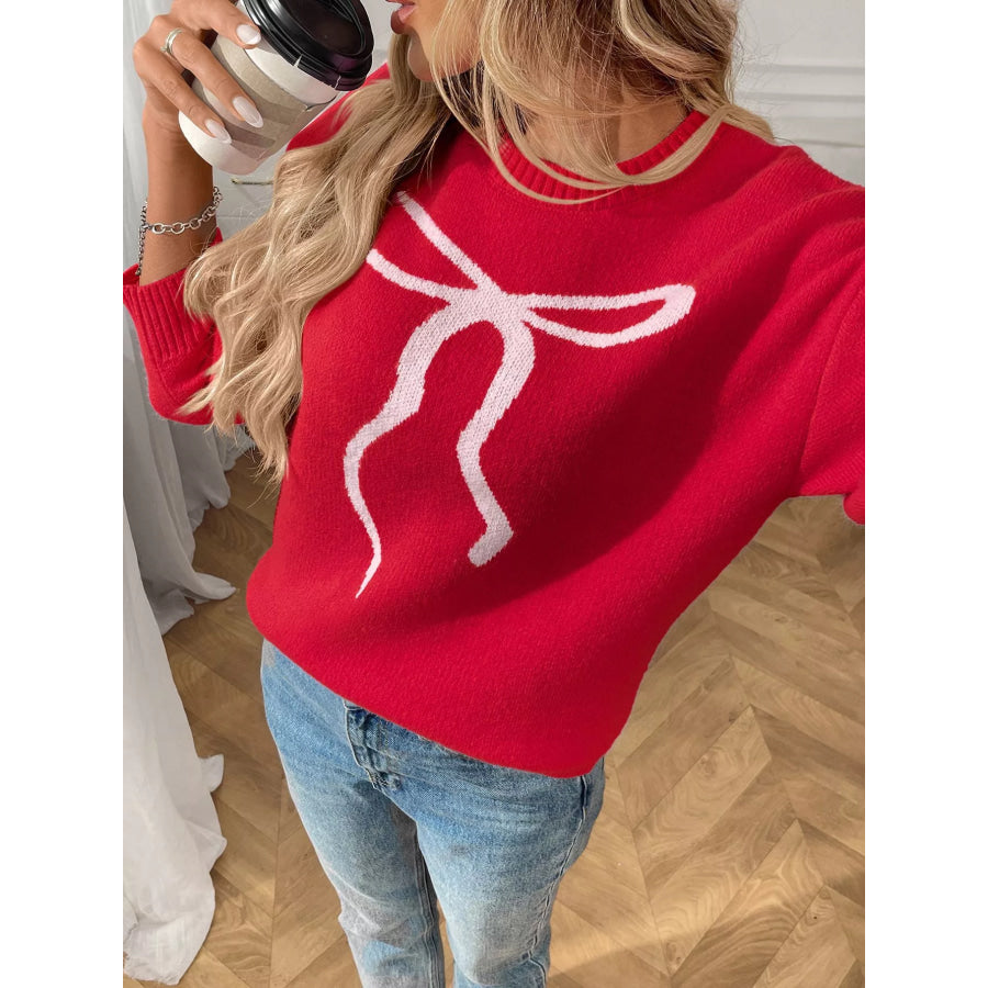 Bow Round Neck Long Sleeve Sweater Apparel and Accessories