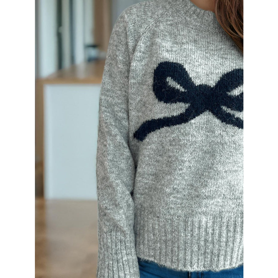 Bow Round Neck Long Sleeve Sweater Apparel and Accessories