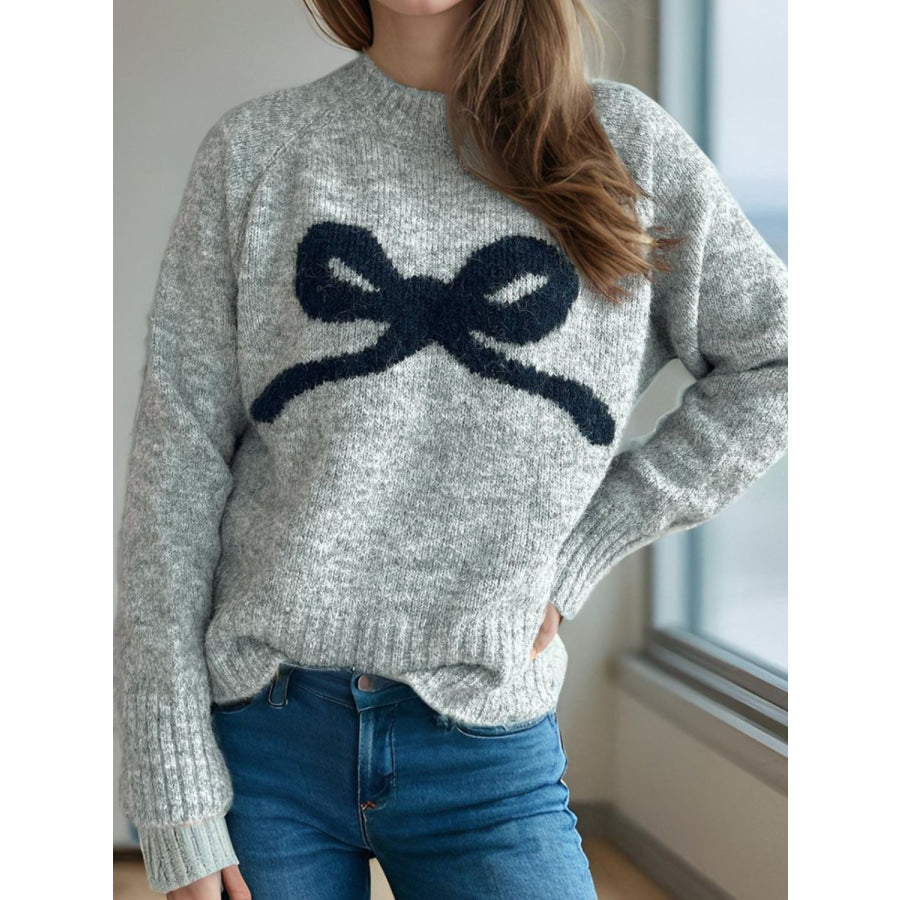 Bow Round Neck Long Sleeve Sweater Apparel and Accessories