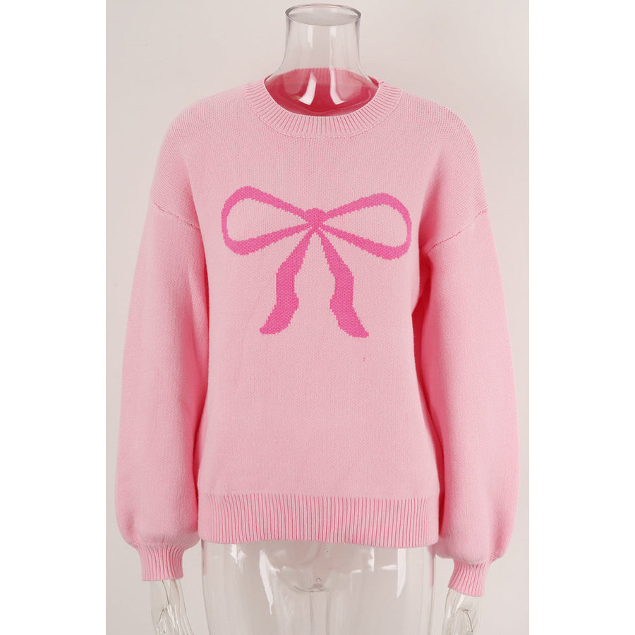 Bow Round Neck Long Sleeve Sweater Apparel and Accessories